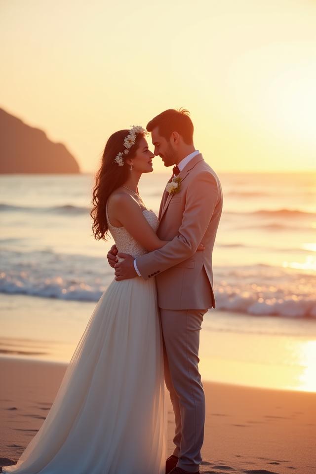 Pasangan pengantin baru di tepi pantai, potret perkahwinan romantik